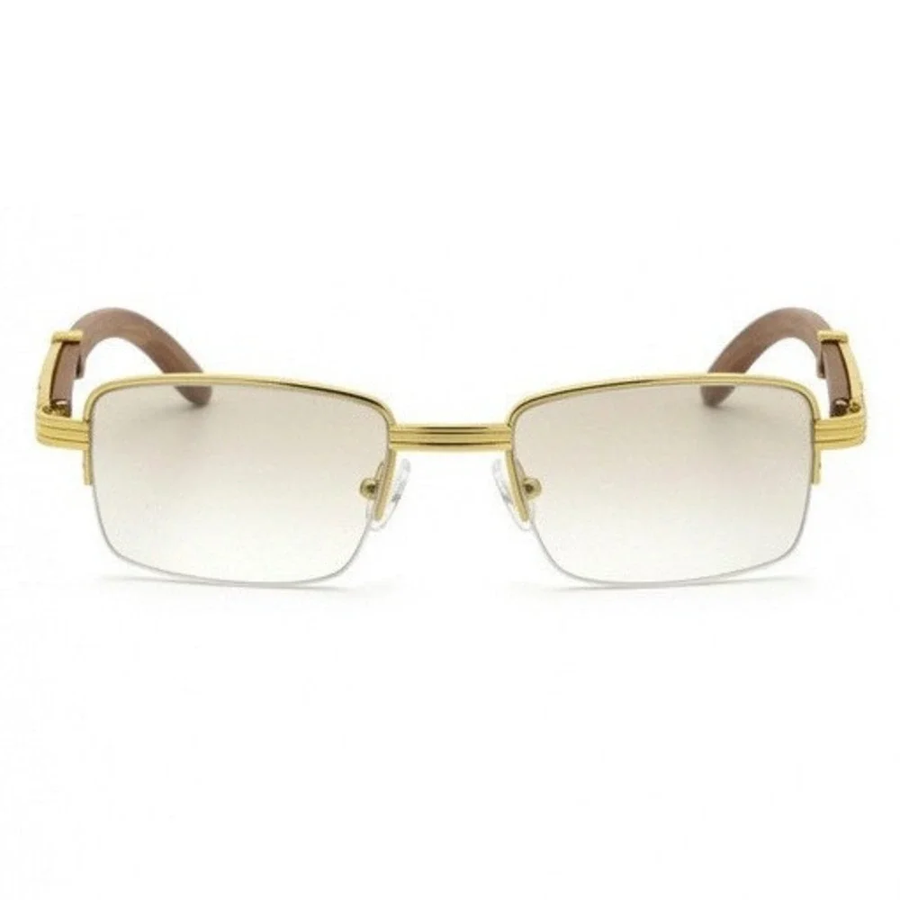 Gold Rectangular Rimless Glasses Wood Effect Temples Clear Lens Frames Women NEW